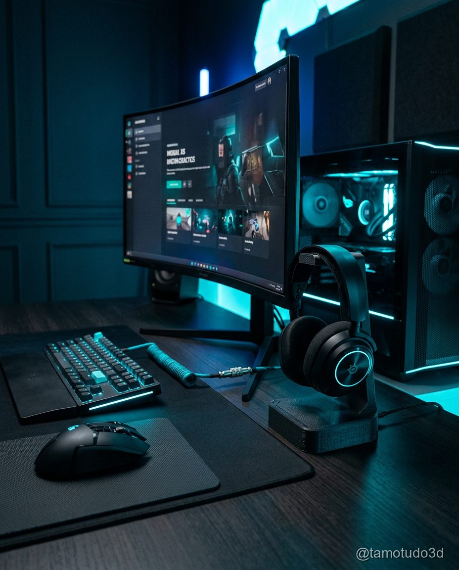 Suporte articulado para headset gamer impresso em filamento preto
