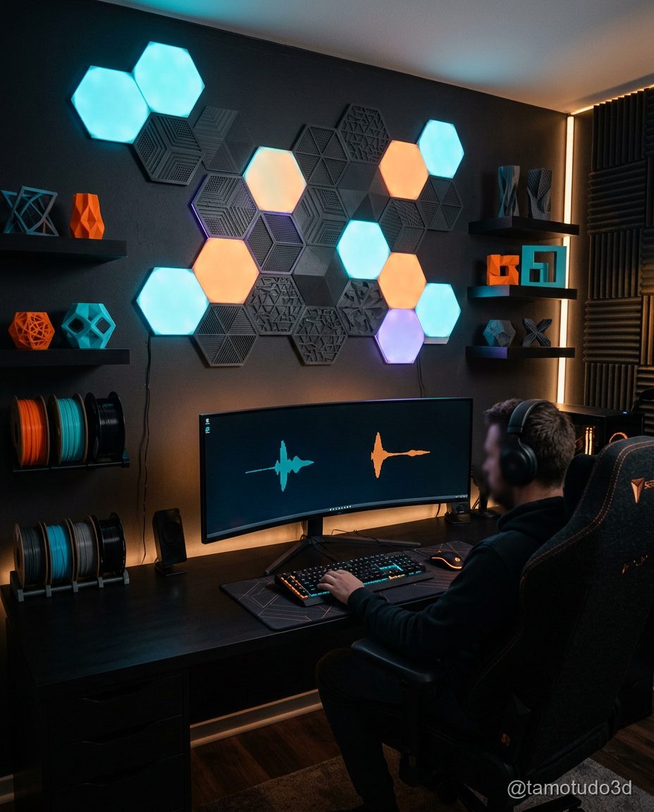 Luminárias hexagonais modulares impressas em PLA branco e preto
