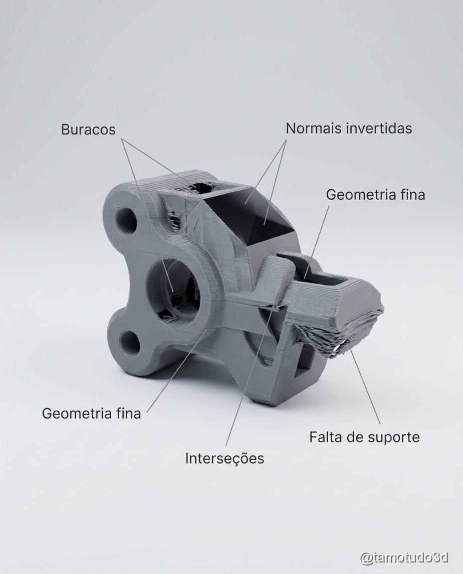 Resumo visual dos sinais de problema em modelos 3D