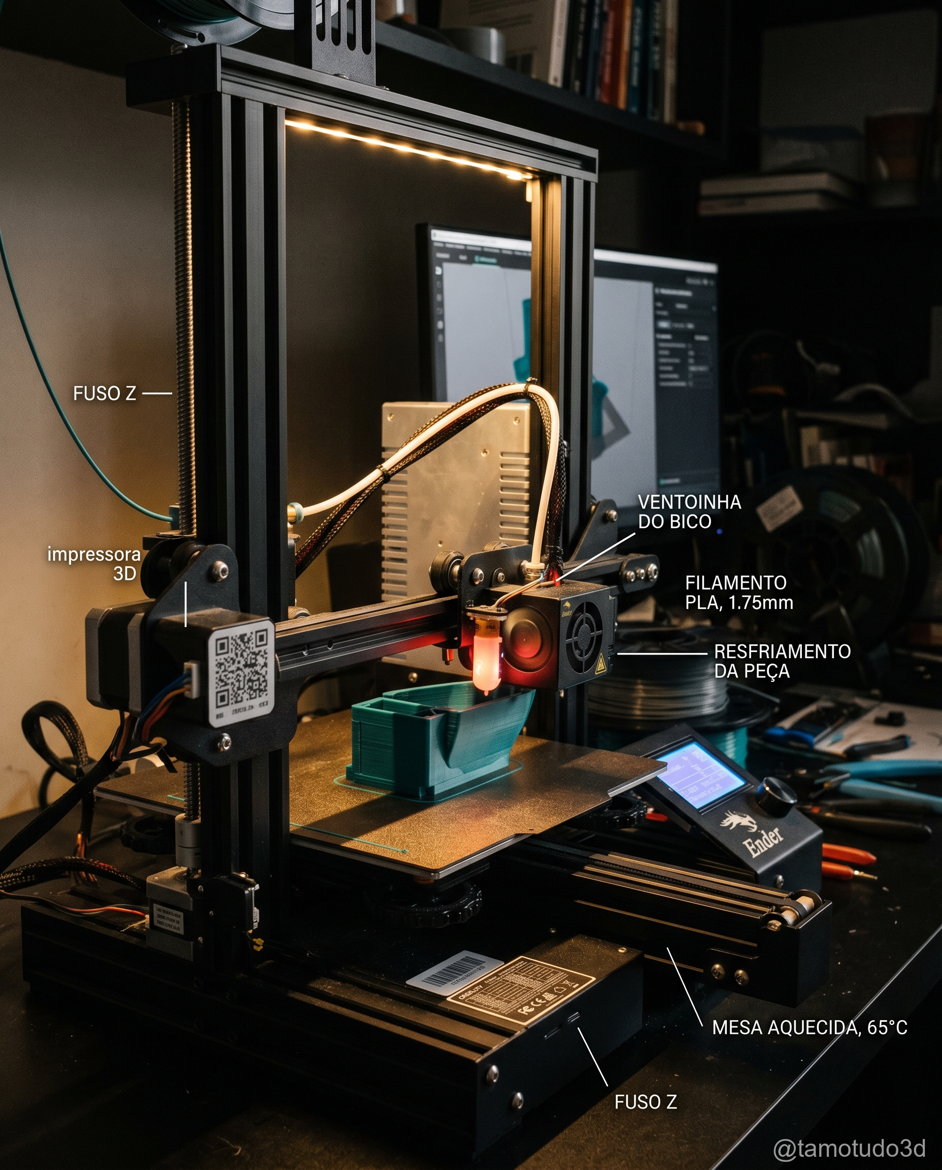 Impressora 3D em ação em mesa de trabalho