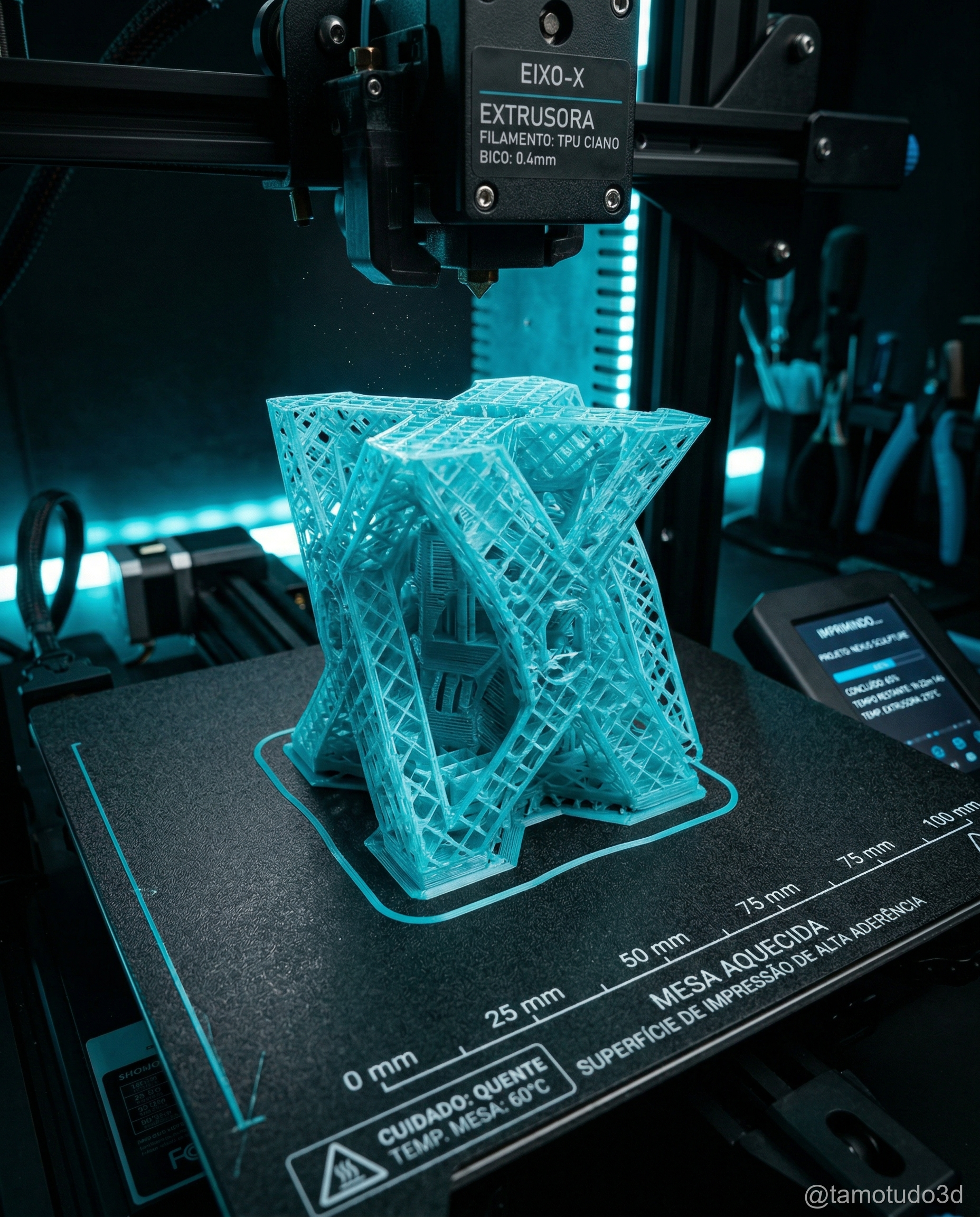 Área de impressão de 250x250x250mm com objeto grande comparado a bola