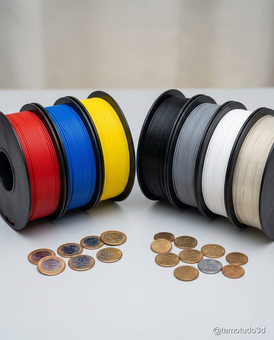 Filamentos ABS R$70-110 vs ASA R$140-200 em embalagens da Shopee