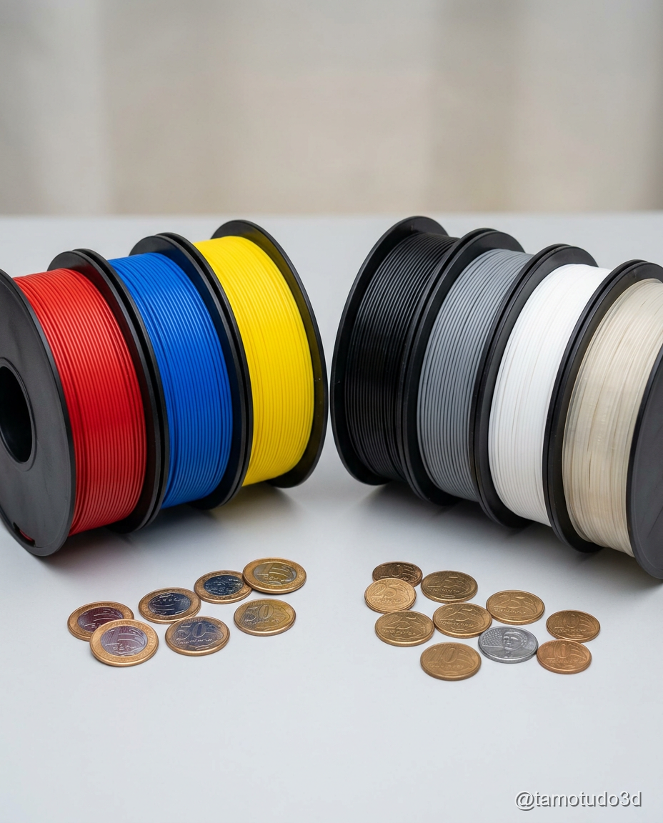 Filamentos ABS R$70-110 vs ASA R$140-200 em embalagens da Shopee