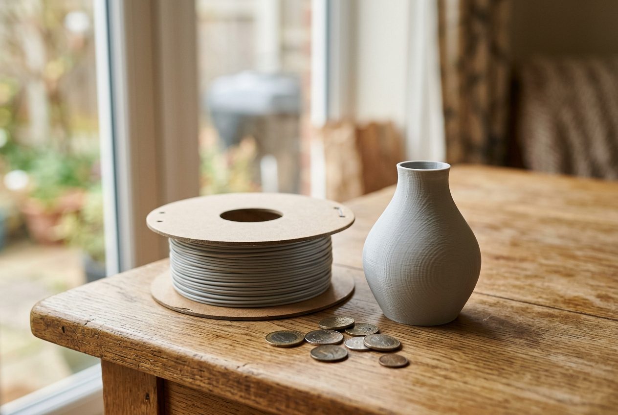 Vaso impresso em 3D ao lado de um rolo de PLA e algumas moedas sobre a mesa