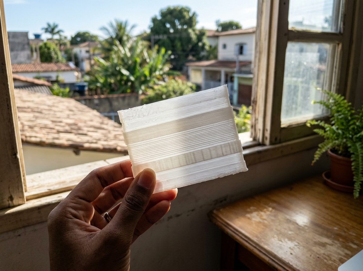 Peça de teste retangular impressa em 3D com faixas de espessura diferentes, segurada contra a luz da janela mostrando as camadas