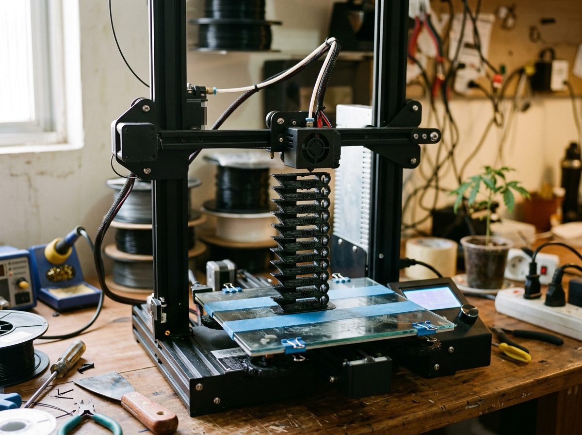 Torre de teste de temperatura impressa em 3D, um bloco alto com vários degraus, ainda sobre a mesa da impressora