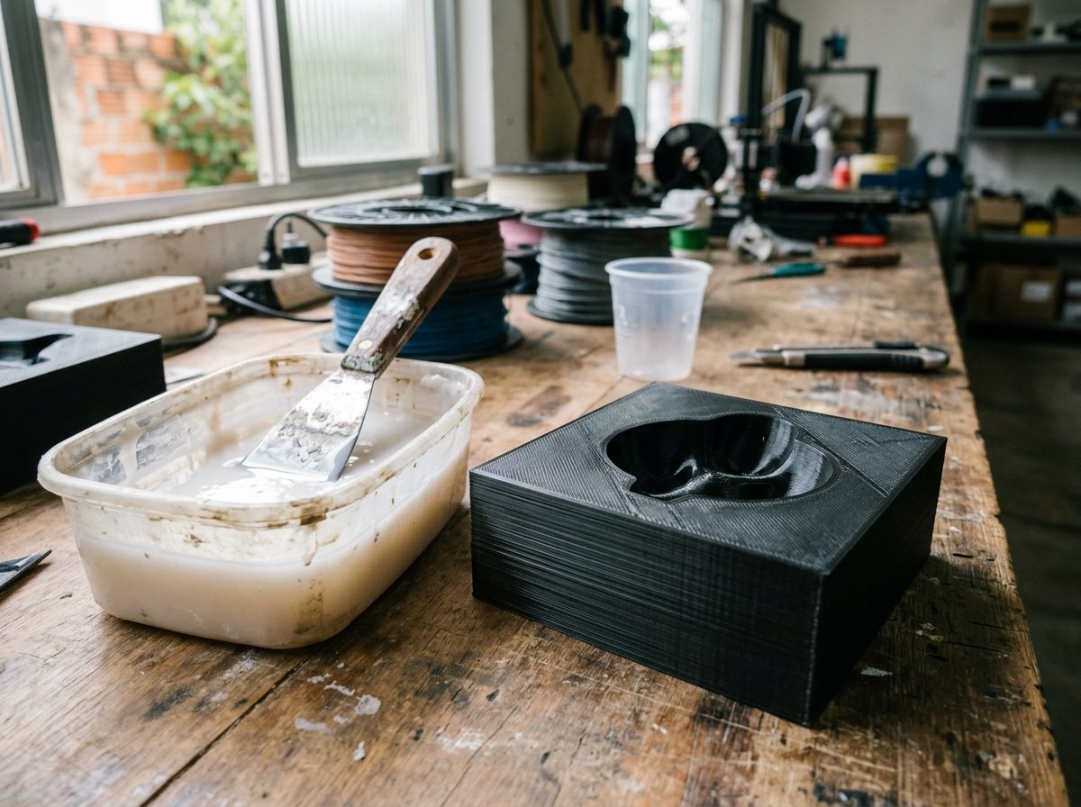 Molde impresso em 3D em plástico preto com cavidade lisa, ao lado de um recipiente com silicone líquido e uma espátula