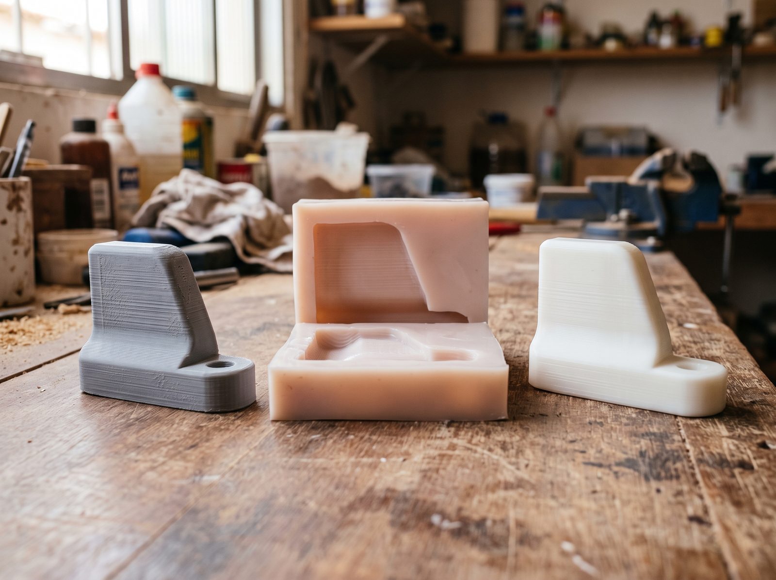 Peça impressa em 3D lixada, o molde de silicone tirado dela e a cópia final em resina, os três lado a lado na bancada