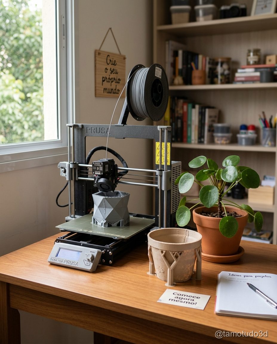 Suportes de plantas impressos em 3D decorando uma estante