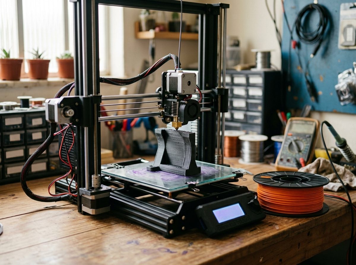 Impressora 3D pausada no meio da impressão, com a peça pela metade na mesa e um rolo de filamento de outra cor ao lado, pronto para a troca manual
