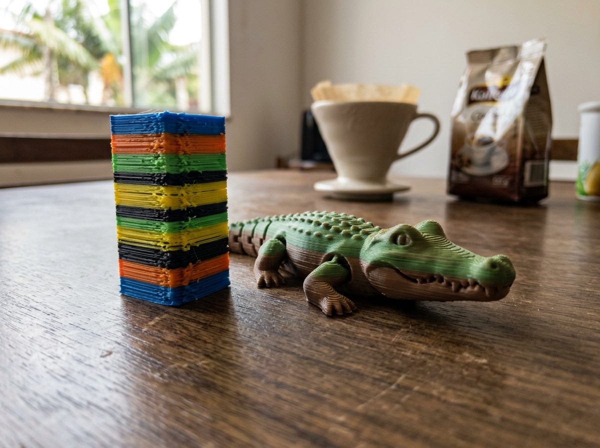 Torre de purga colorida impressa em 3D ao lado da peça final, mostrando o material descartado na troca automática de cor