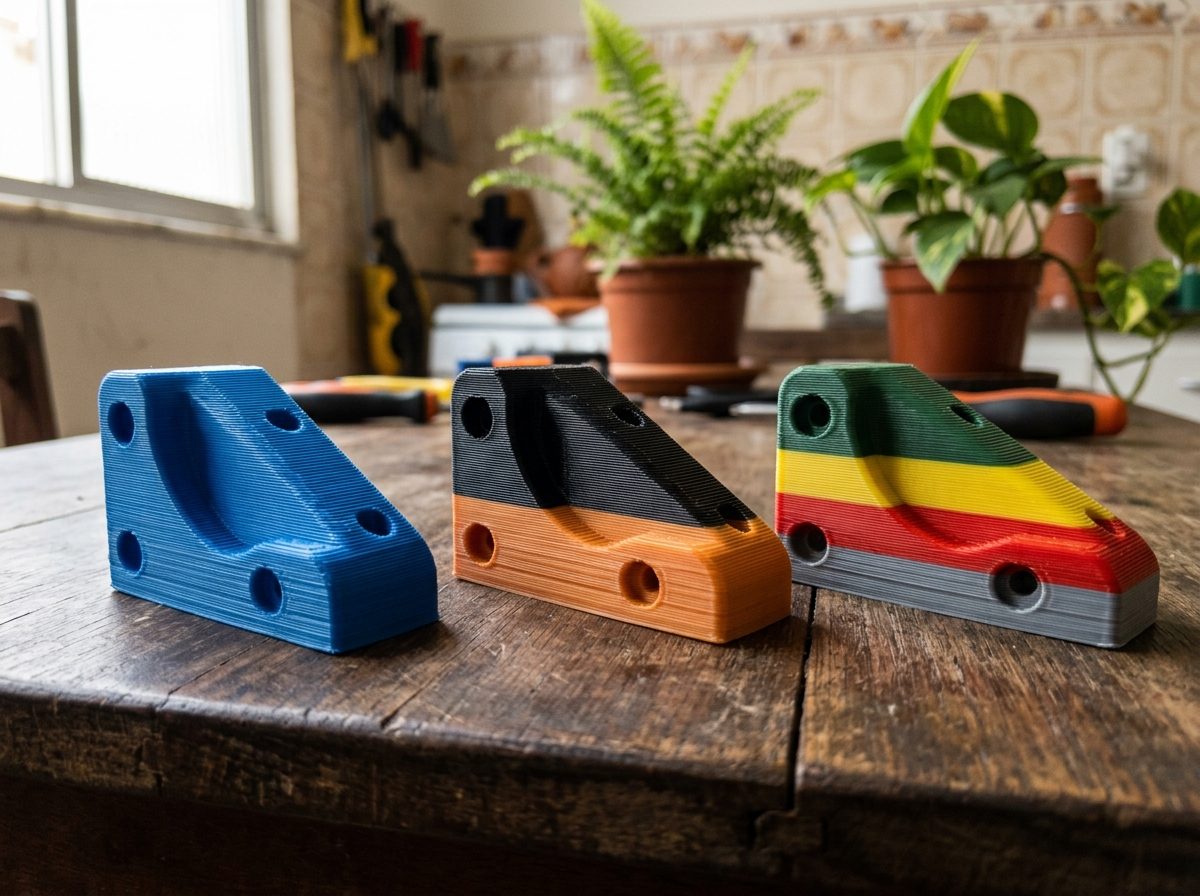Três peças impressas em 3D lado a lado: o mesmo modelo em uma cor, em duas cores e em quatro cores