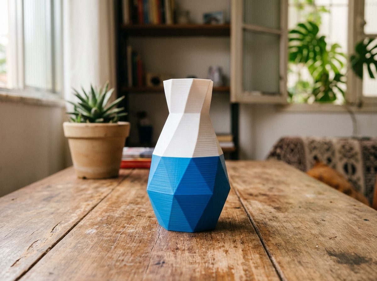 Peça decorativa impressa em 3D em duas cores, metade de baixo azul e metade de cima branca, com a linha de troca de cor nítida