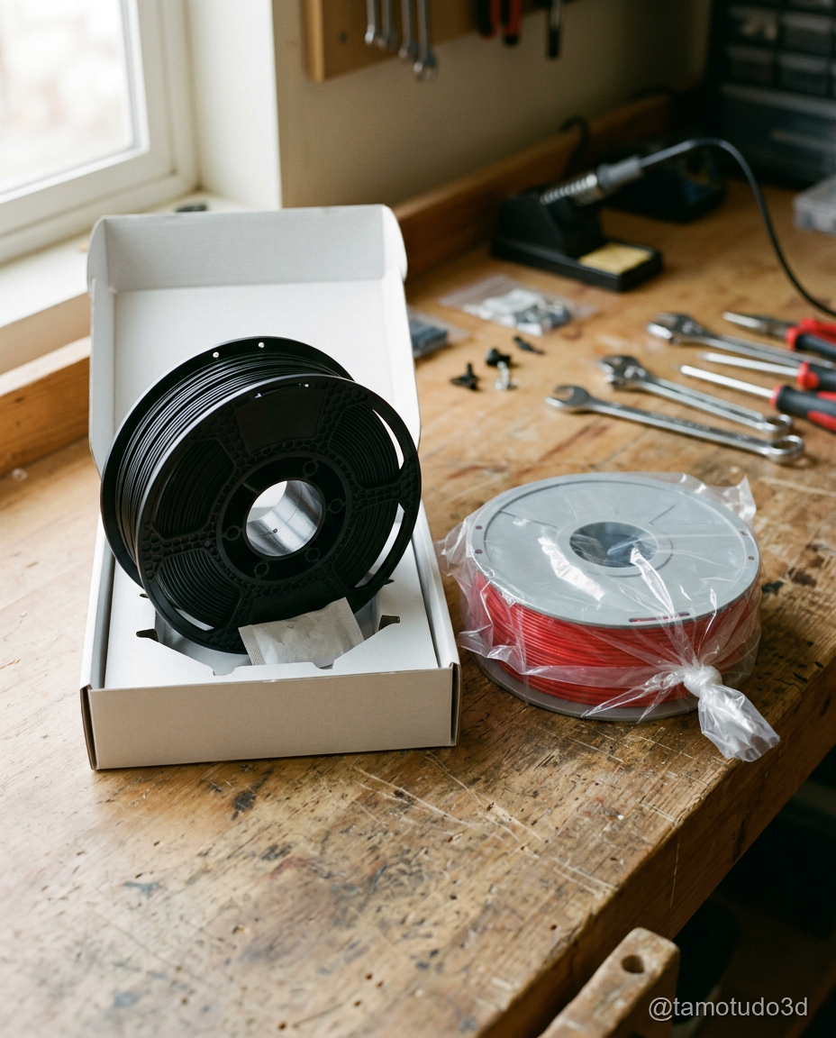Rolos de PLA Voolt3D ao lado de filamento generico Shopee em bancada de comparativo