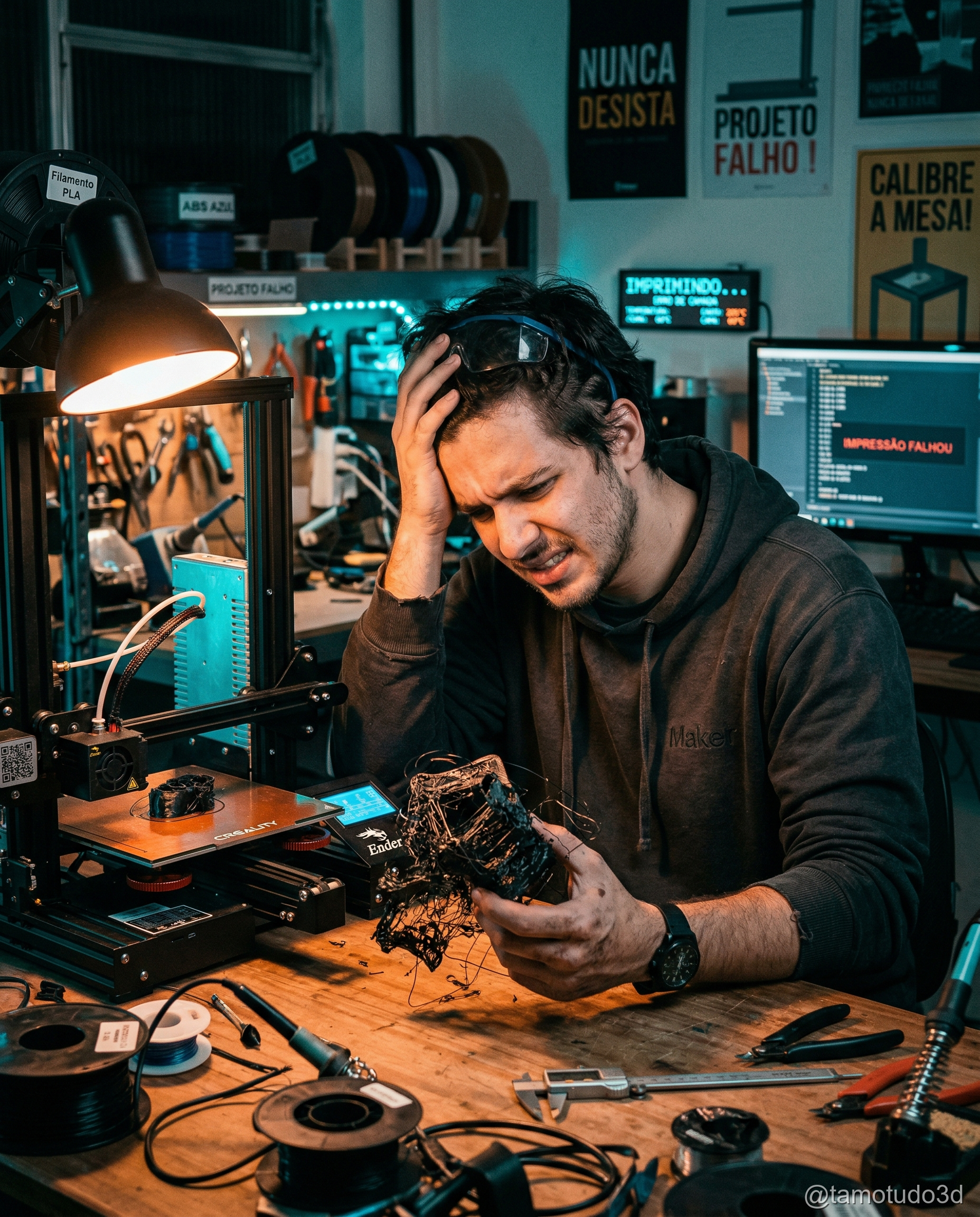 Filamentos Voolt3D organizados ao lado de impressora 3D pronta para uso diário