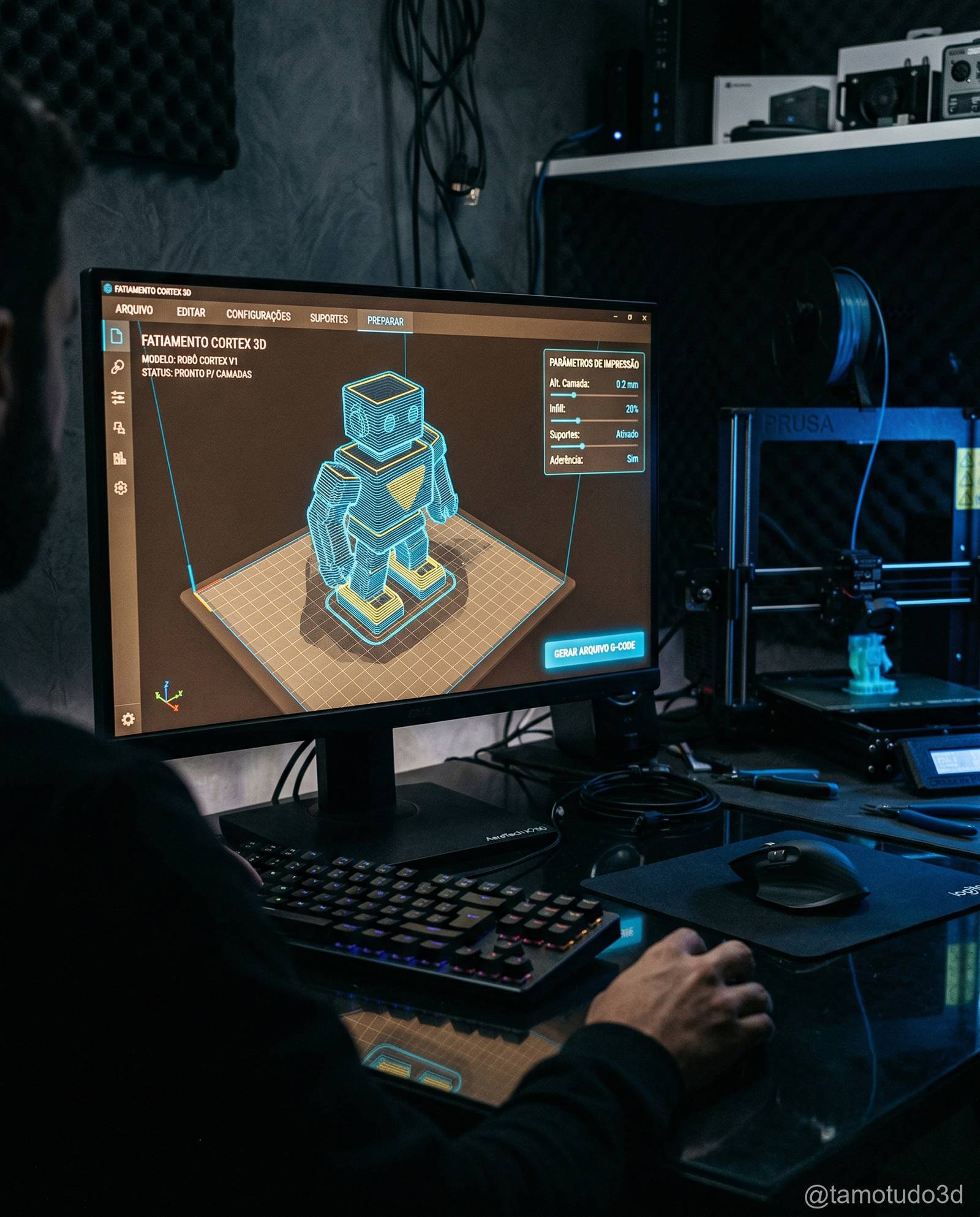 Tela de slicer mostrando modelo 3D dividido em camadas para impressão