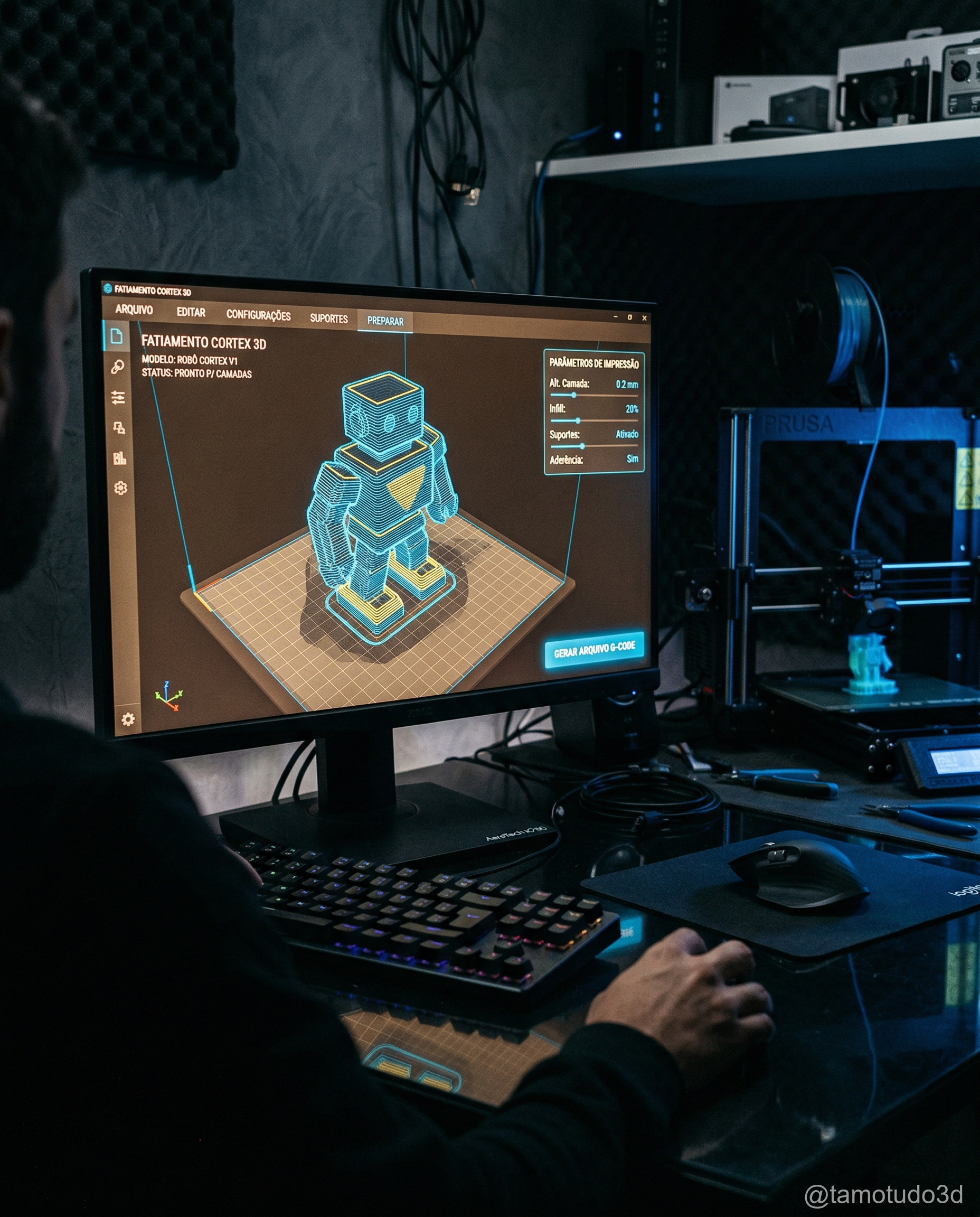 Tela de slicer mostrando modelo 3D dividido em camadas para impressão