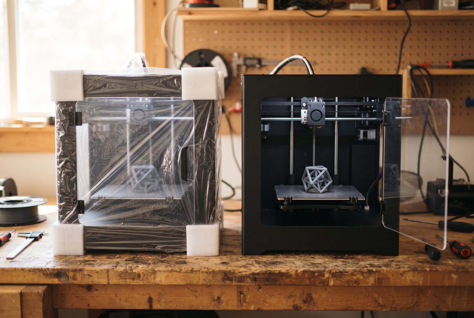 Duas impressoras 3D lado a lado: uma recém-desembalada e outra já imprimindo