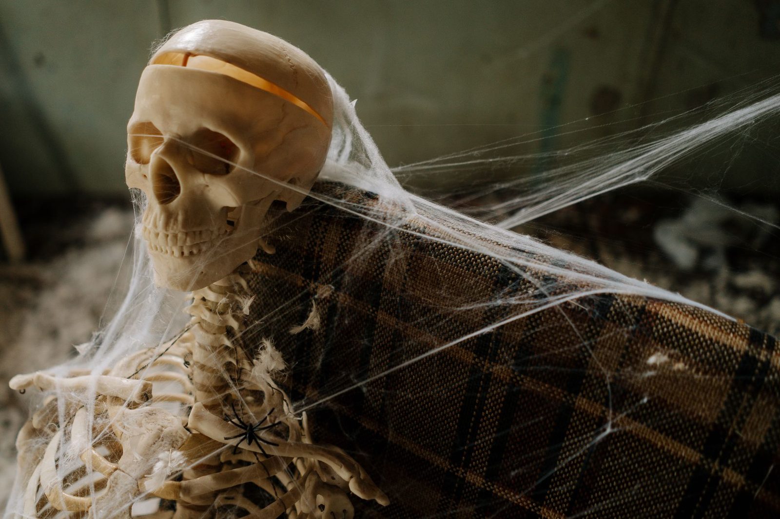 Esqueleto decorativo coberto por teia de aranha, tema clássico de Halloween impresso em 3D
