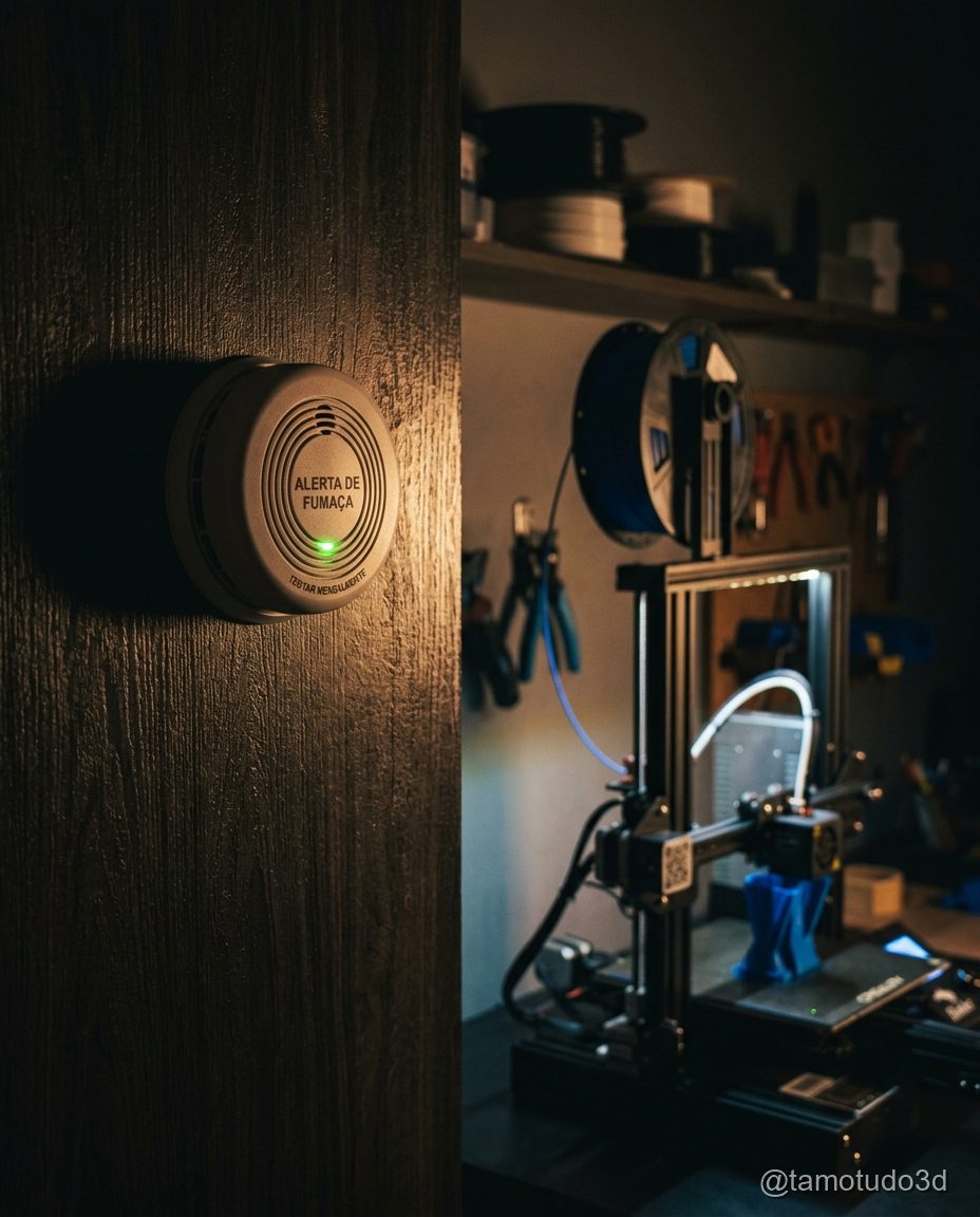Sensor de fumaça instalado próximo à impressora 3D