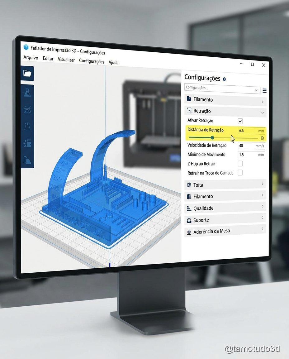 Configuração de retração 6mm no slicer para evitar fios