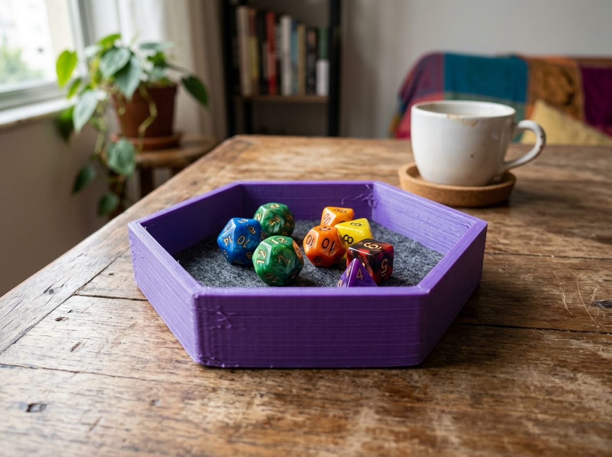 Bandeja de dados impressa em 3D em plástico roxo com dados poliédricos coloridos dentro