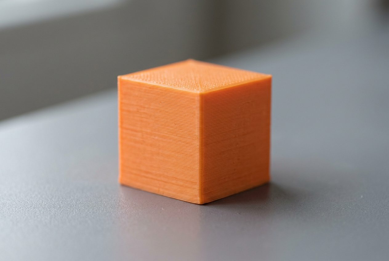 Cubo de calibração impresso em 3D em PLA laranja com camadas limpas e cantos definidos sobre fundo cinza