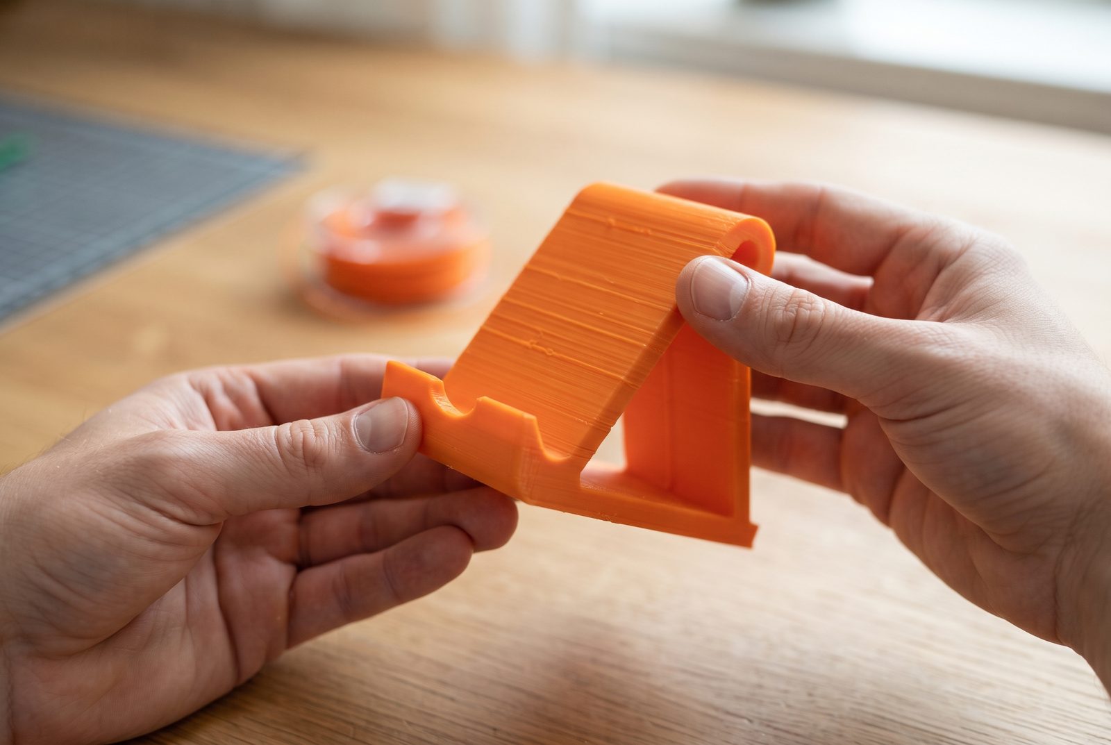 Mãos segurando um suporte de celular recém-impresso em 3D em PLA laranja sobre uma mesa lisa