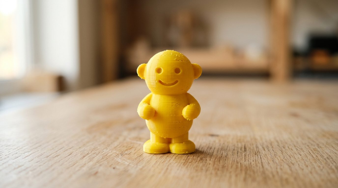 Bonequinho sorridente impresso em 3D em PLA amarelo vivo sobre mesa de madeira clara e lisa, a primeira impressão bem-sucedida