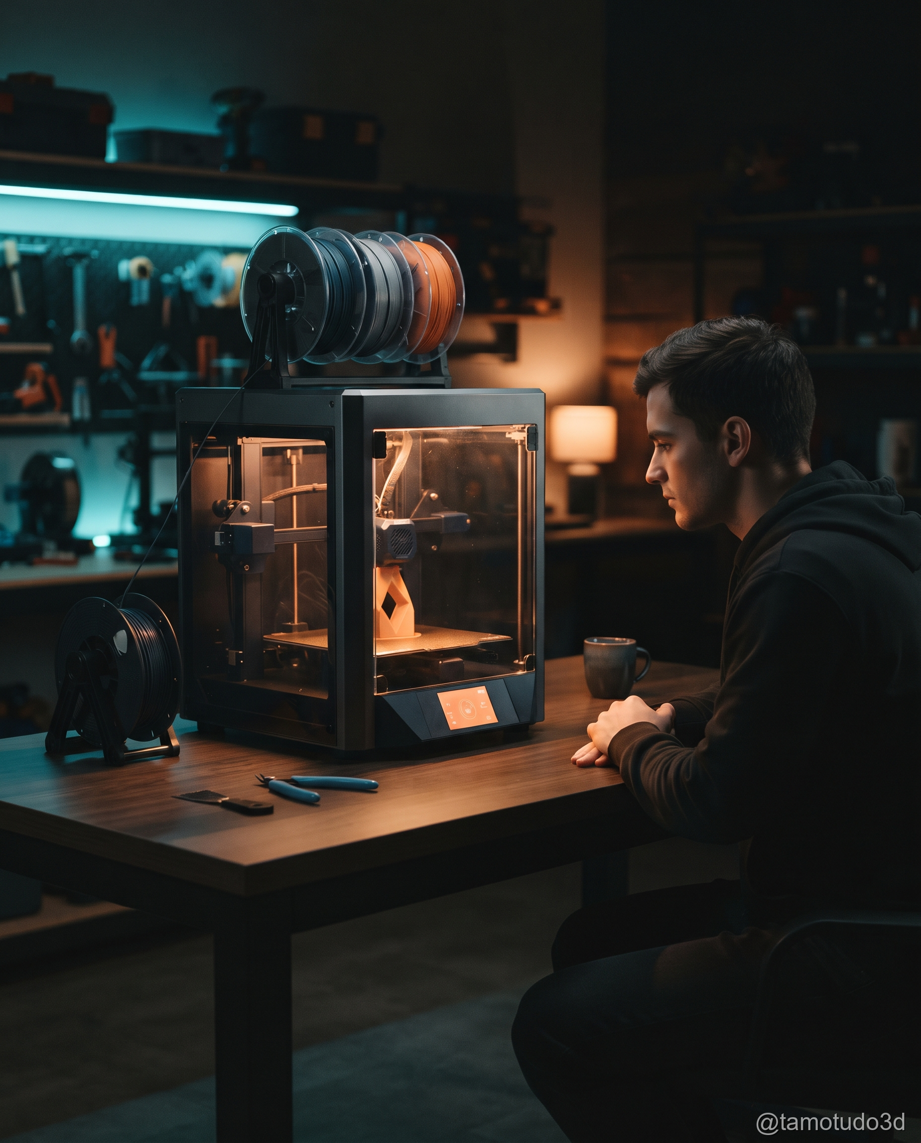 Pessoa analisando impressora 3D antes da compra
