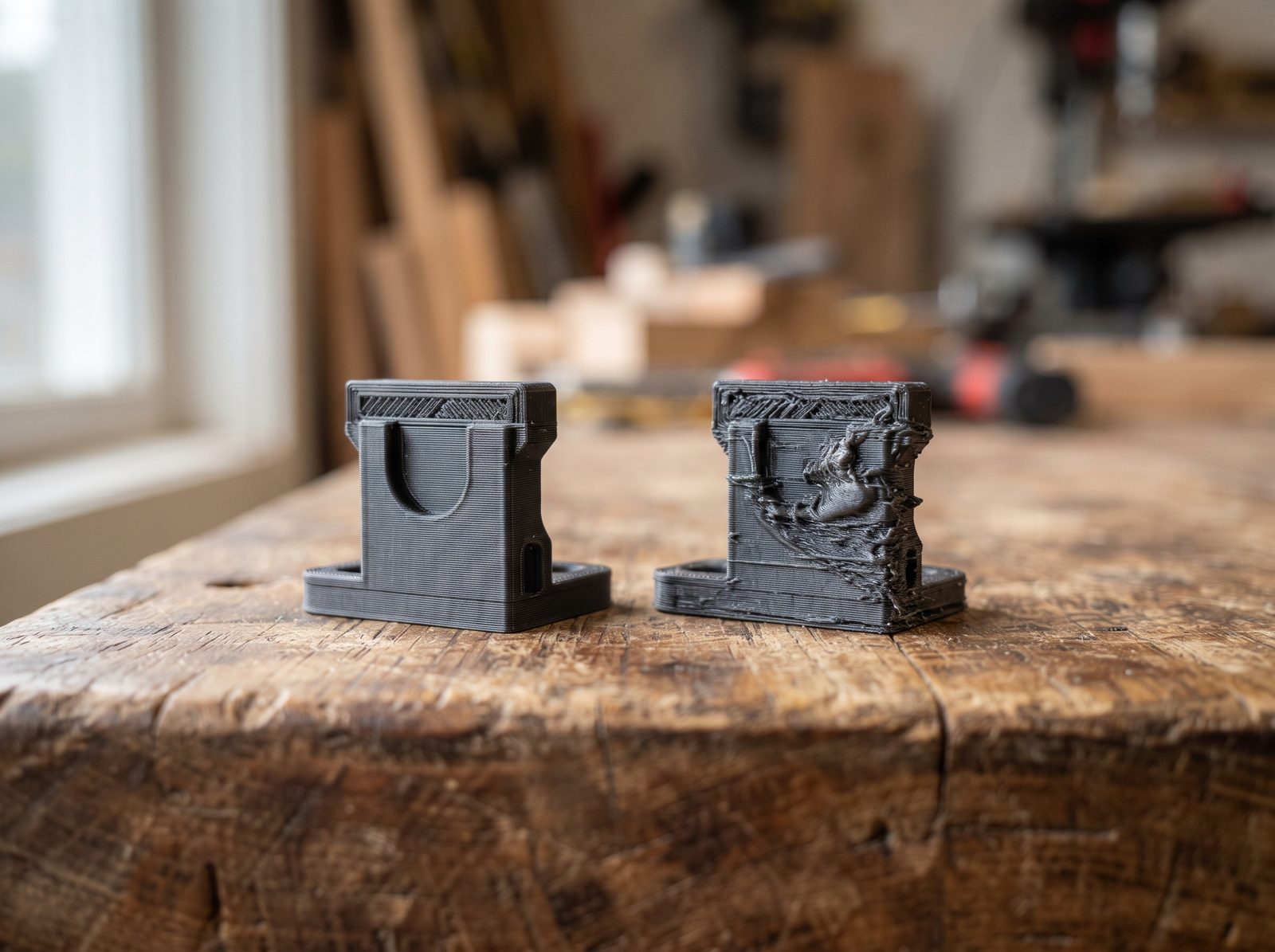 Peça impressa em 3D com defeito de superfície visível ao lado de outra igual sem defeito, comparação em close