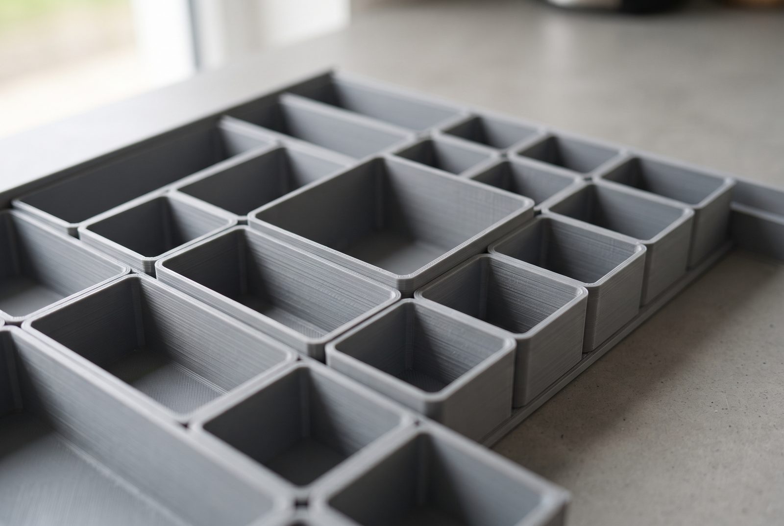 Conjunto de organizadores modulares de gaveta impressos em 3D em PLA cinza encaixados entre si sobre superfície lisa