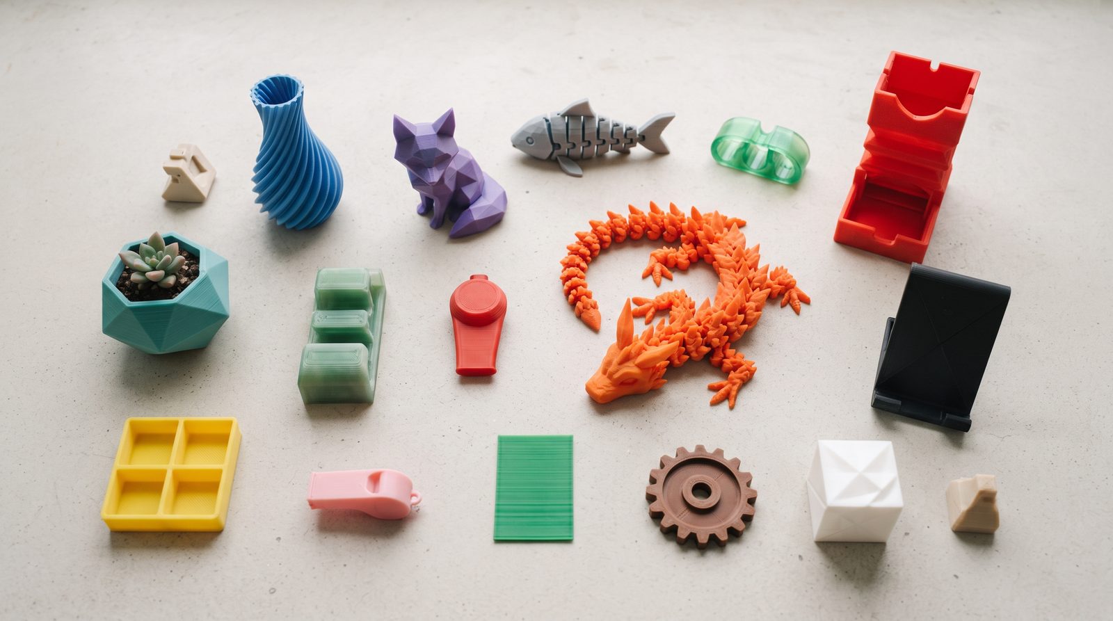 Vista de cima de uma dúzia de objetos impressos em 3D variados — vaso, dragão articulado, clipe de cabo, vasinho, torre de dados e suporte de celular — sobre fundo claro