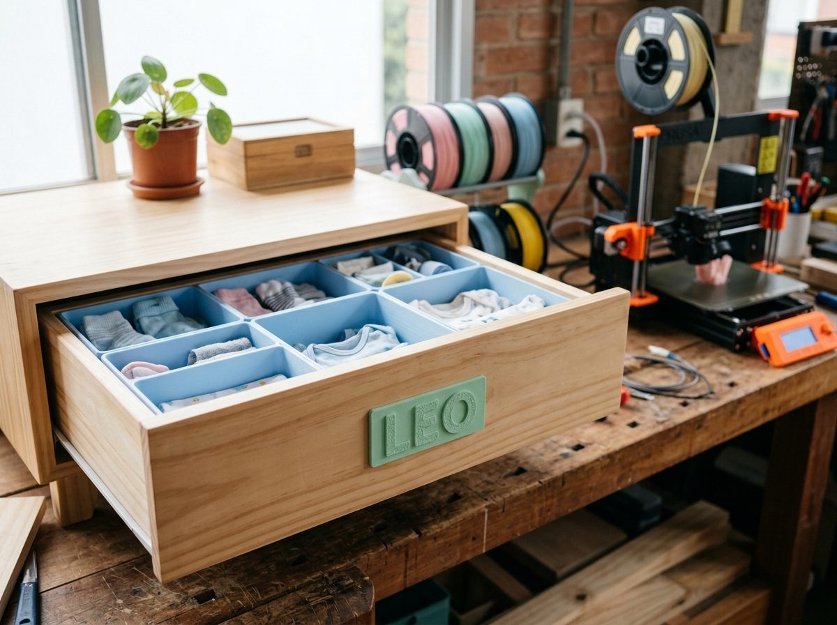 Cômoda de quarto de bebê com organizadores e placa de nome impressos em 3D em PLA pastel