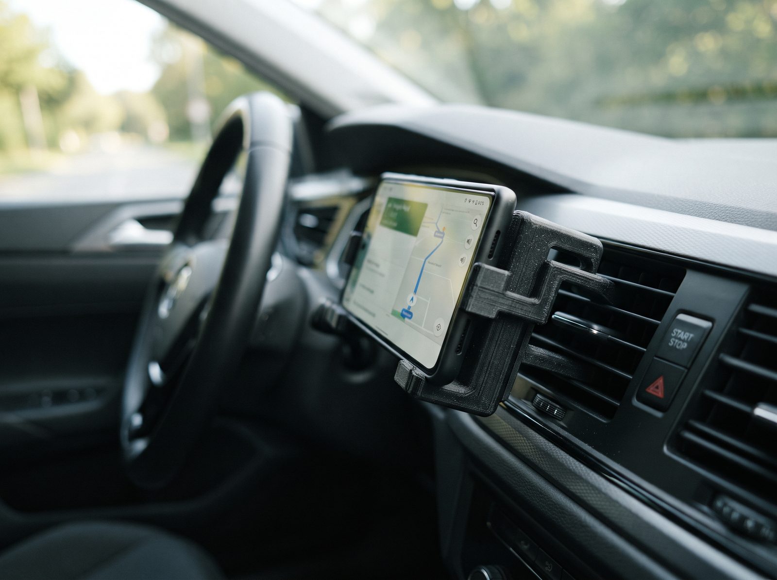 Suporte de celular impresso em 3D em PETG preto encaixado na saída de ar do carro