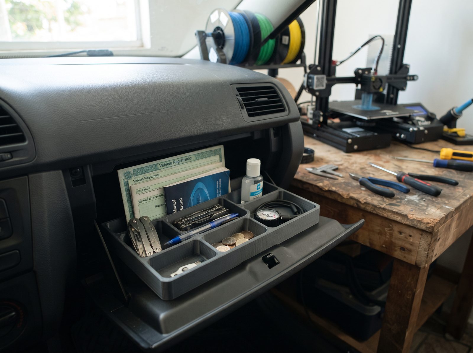 Porta-luvas aberto com organizador modular impresso em 3D em PETG cinza
