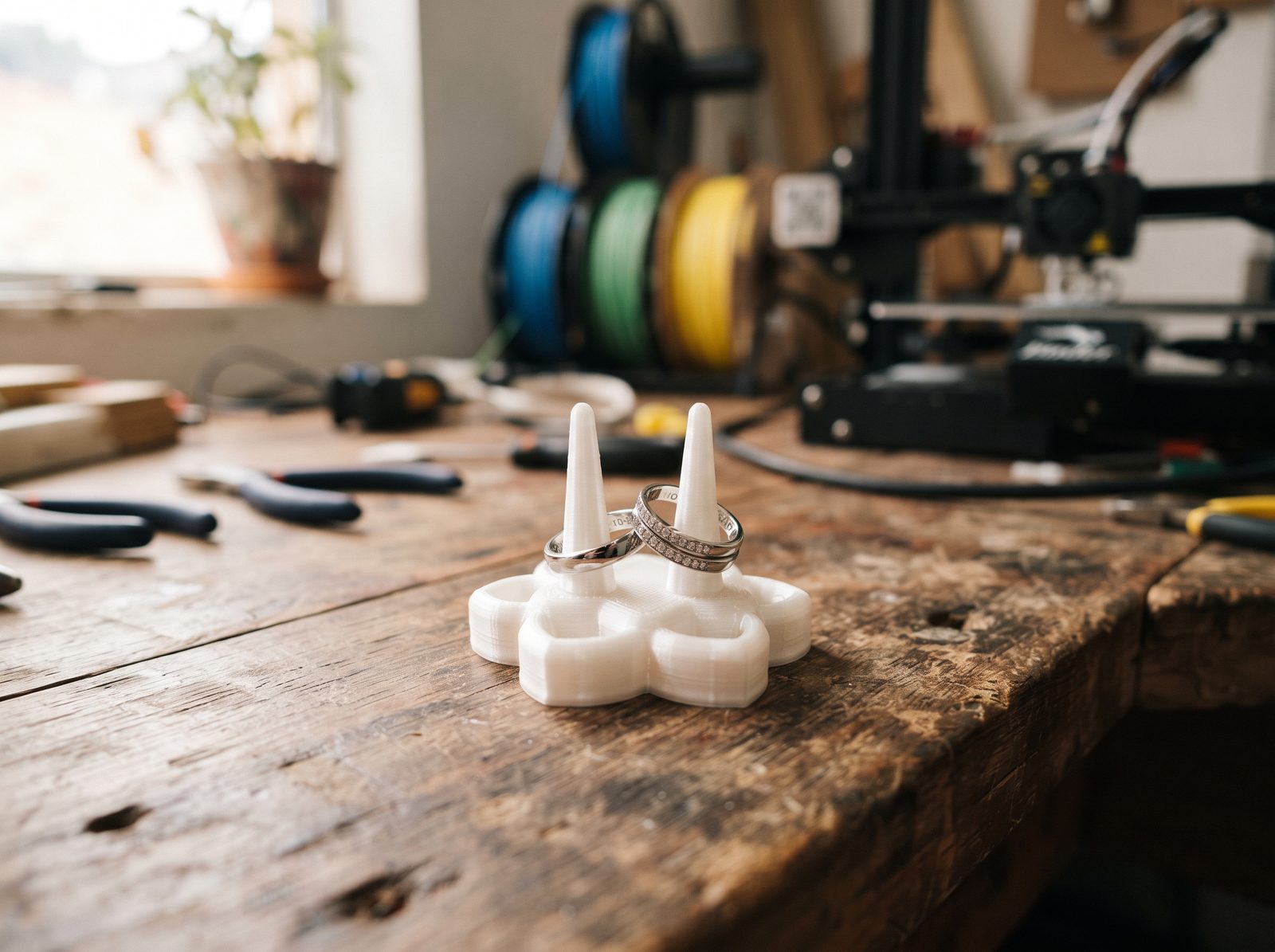 Porta-aliança impresso em 3D em PLA branco perolado com as duas alianças apoiadas