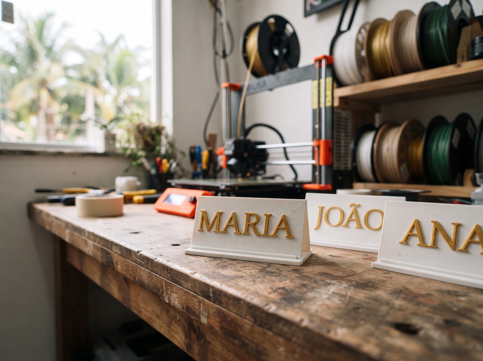 Marcadores de lugar impressos em 3D com o nome dos convidados em relevo, na mesa do casamento