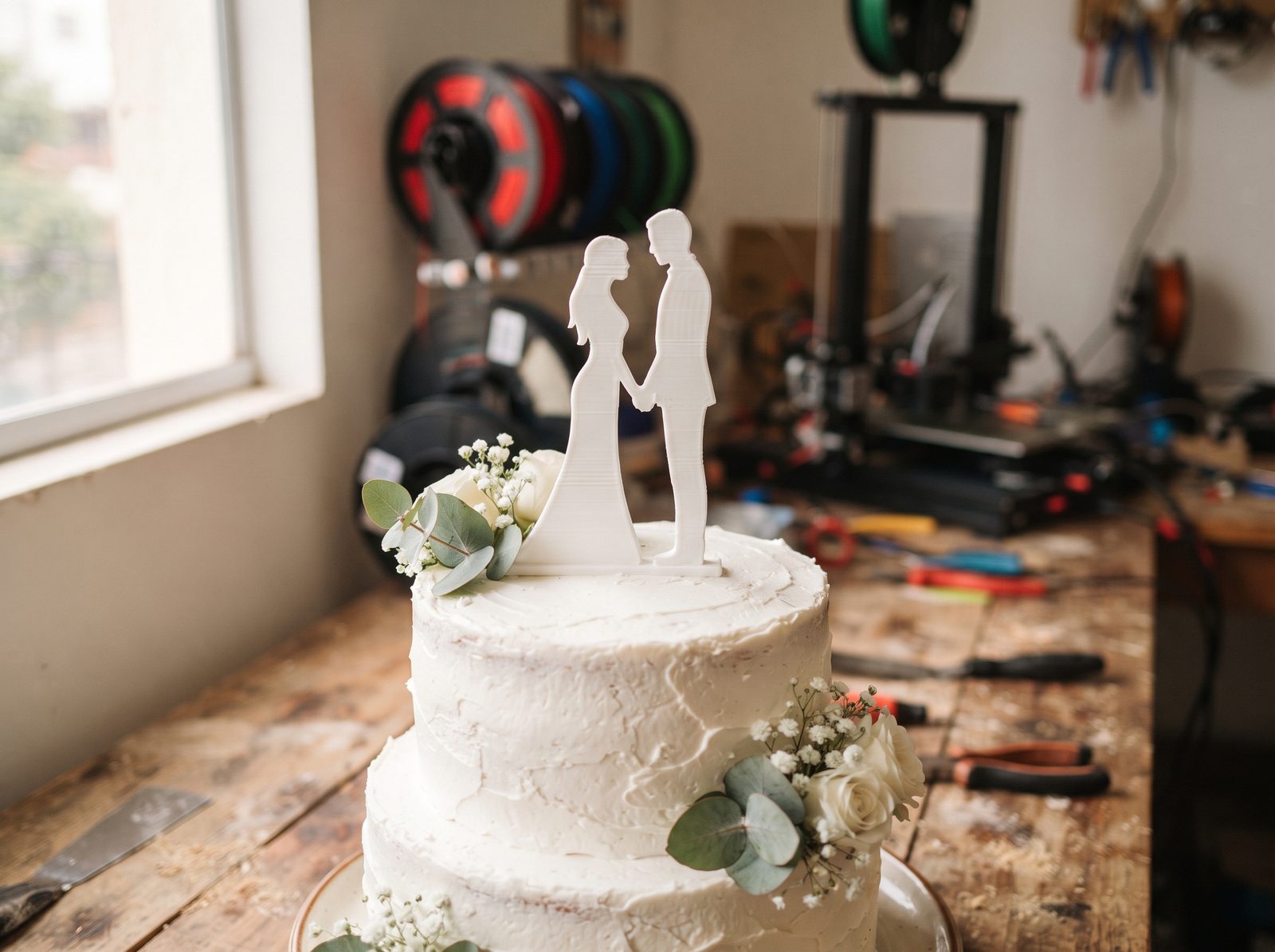 Topo de bolo de casamento impresso em 3D em PLA branco sobre o bolo