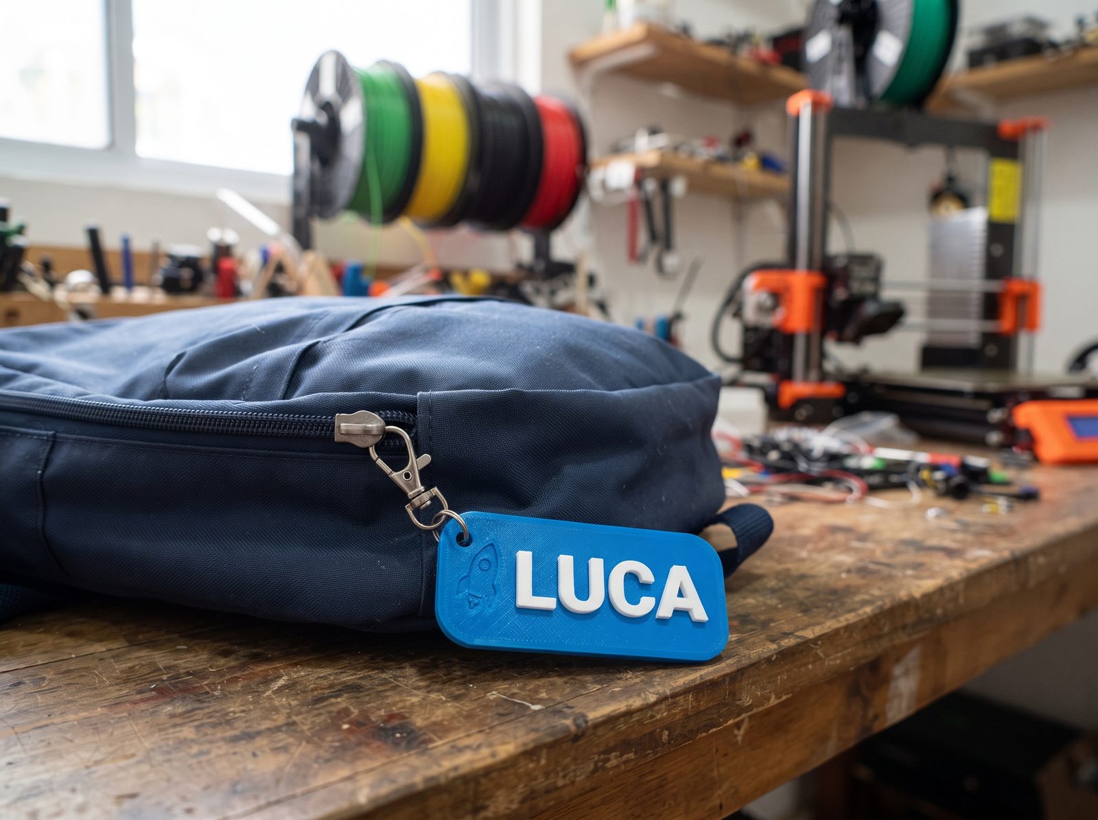 Tag de mochila impressa em 3D em PLA azul com o nome da criança em relevo branco, presa na mochila