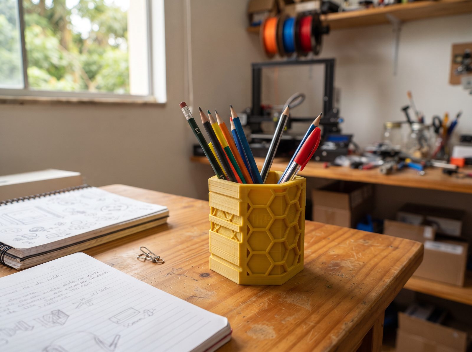Porta-lápis impresso em 3D em PLA amarelo cheio de lápis sobre a mesa de estudo