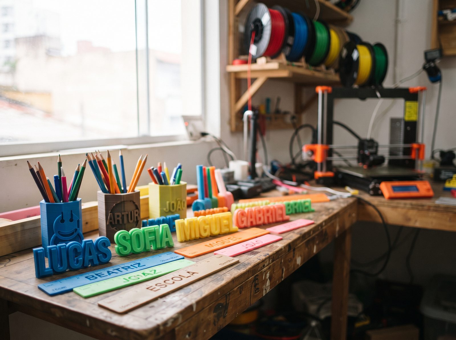 Prateleira de papelaria expondo tags, réguas e porta-lápis personalizados impressos em 3D
