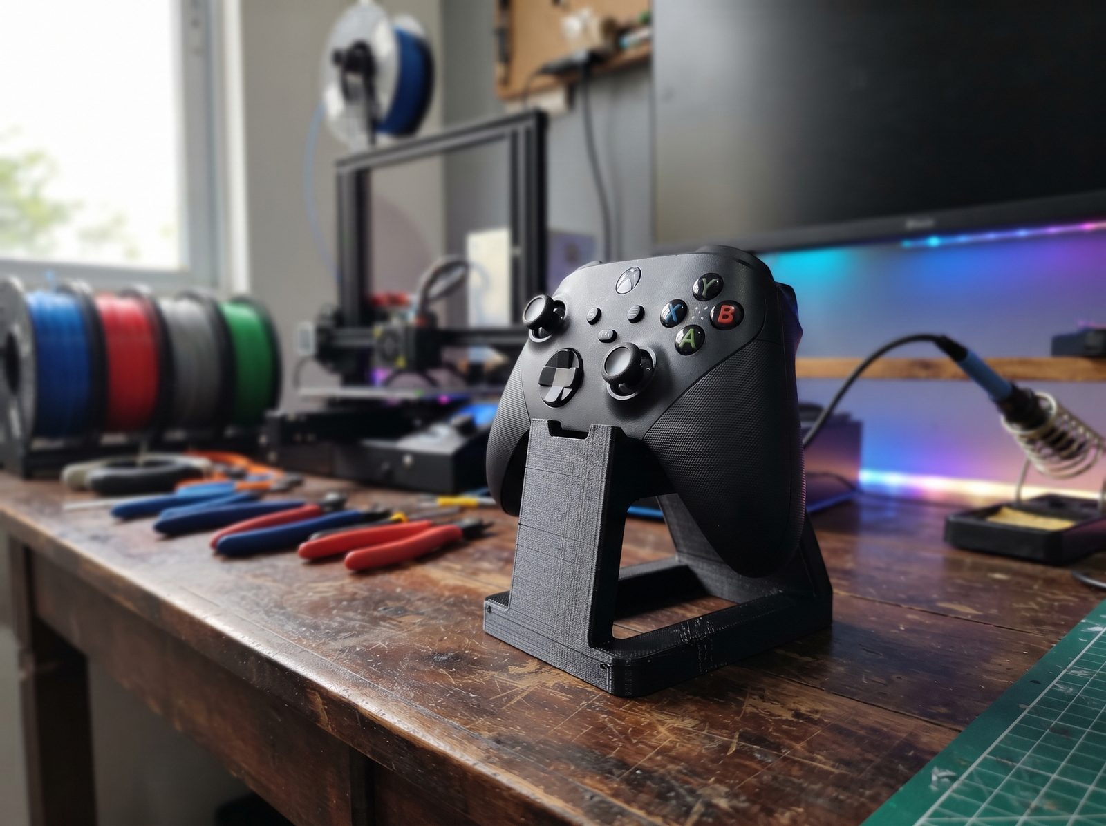 Suporte de controle impresso em 3D em PLA preto fosco segurando um controle sem fio na mesa gamer