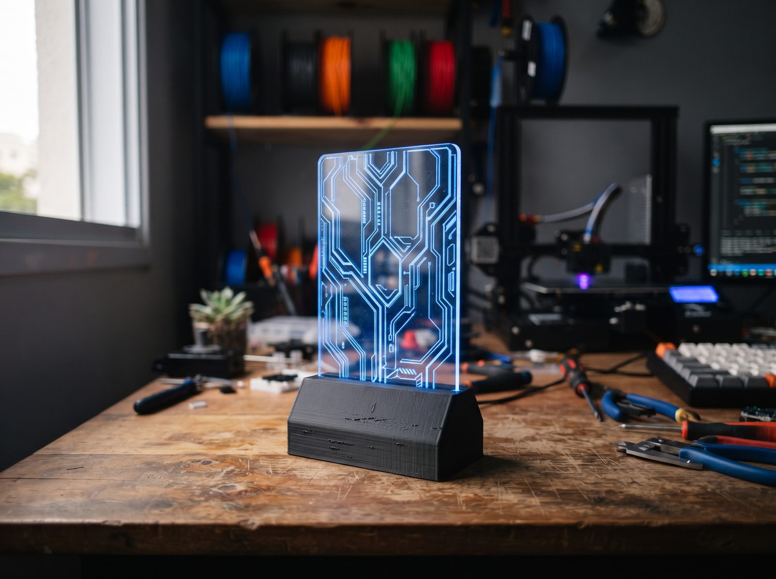 Base impressa em 3D segurando uma placa de acrílico gravada acesa no ambiente escuro