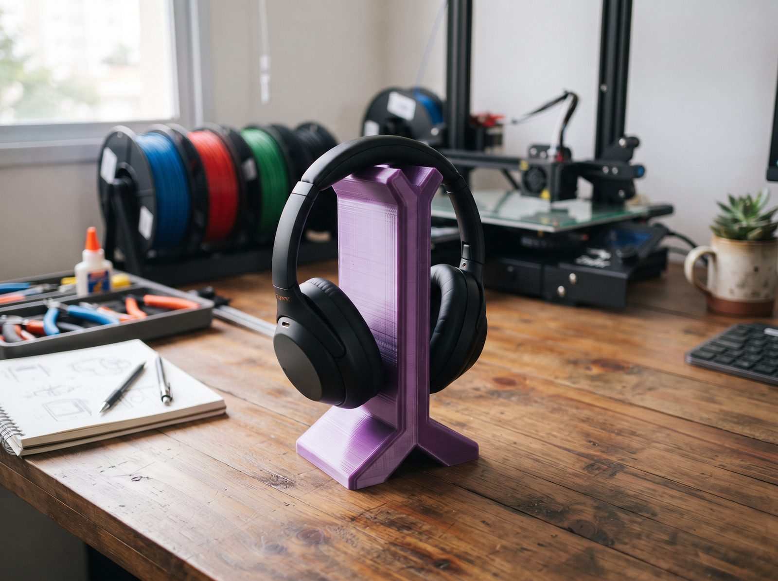 Suporte de headset impresso em 3D em PLA silk roxo segurando um fone sobre a mesa de trabalho