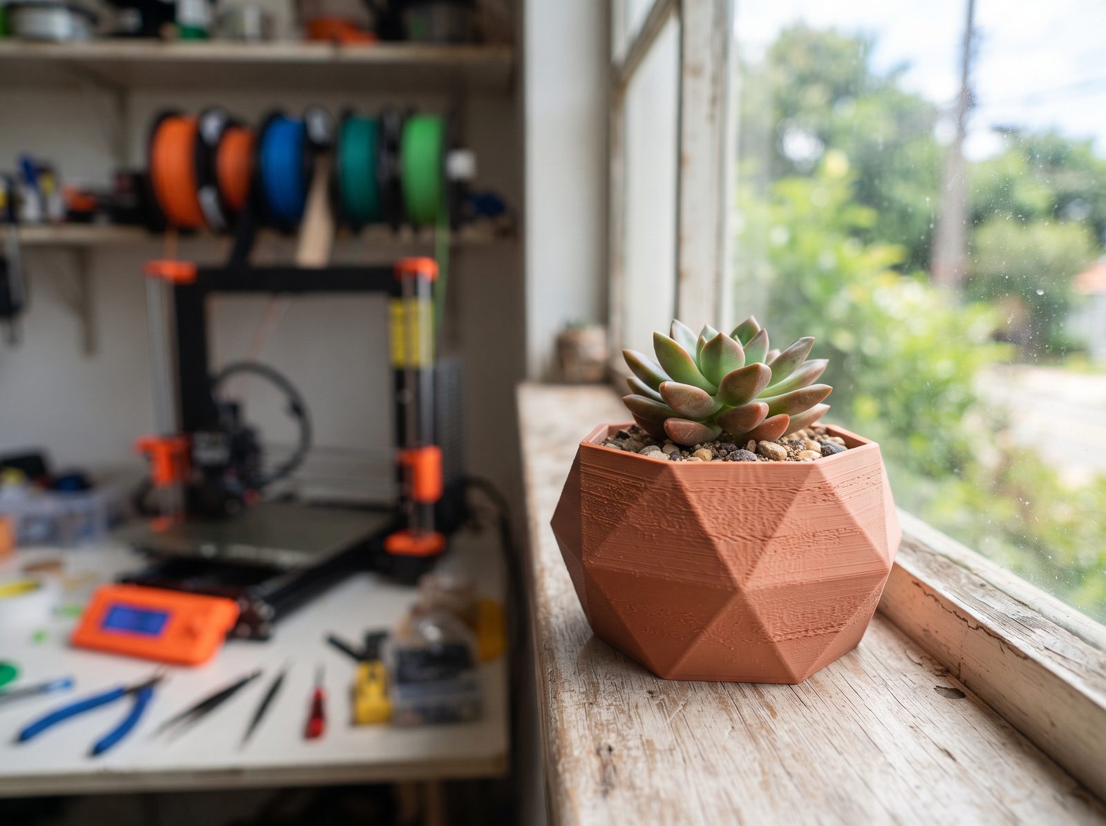 Vaso geométrico impresso em 3D em PLA cor de terracota com uma suculenta, na janela
