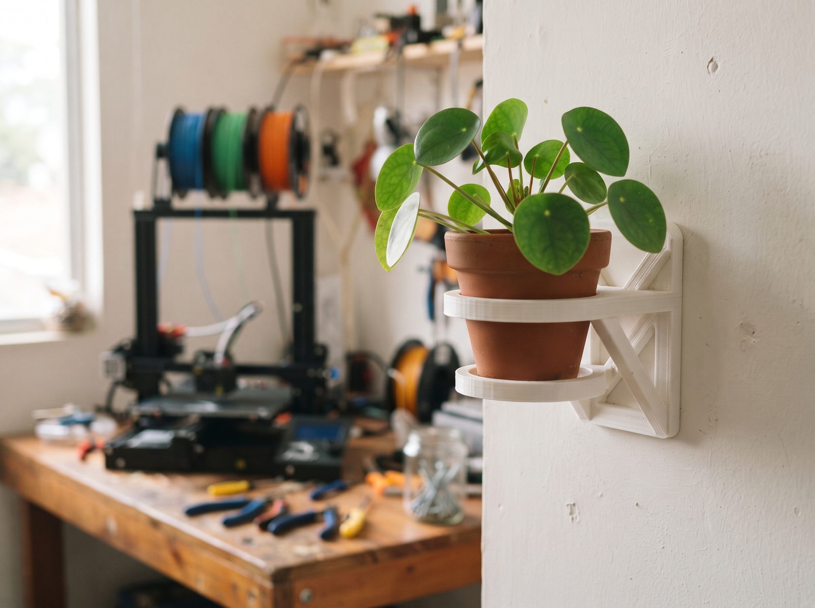 Suporte de vaso de parede impresso em 3D em PLA branco fixado na parede com a planta