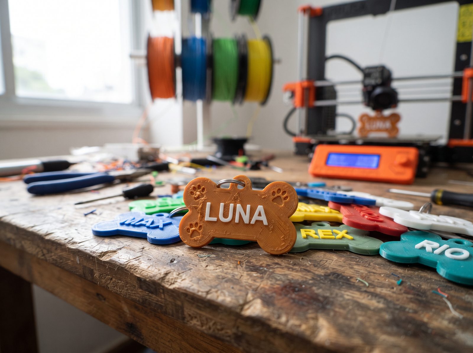 Plaquinha de identificação impressa em 3D em PLA laranja, com nome em relevo, ao lado de outras plaquinhas coloridas