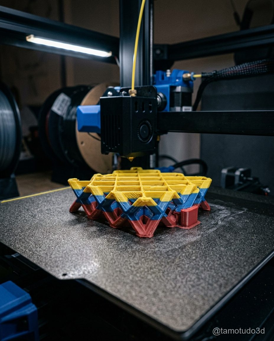 Comparação de peças impressas com diferentes slicers mostrando qualidade e cores