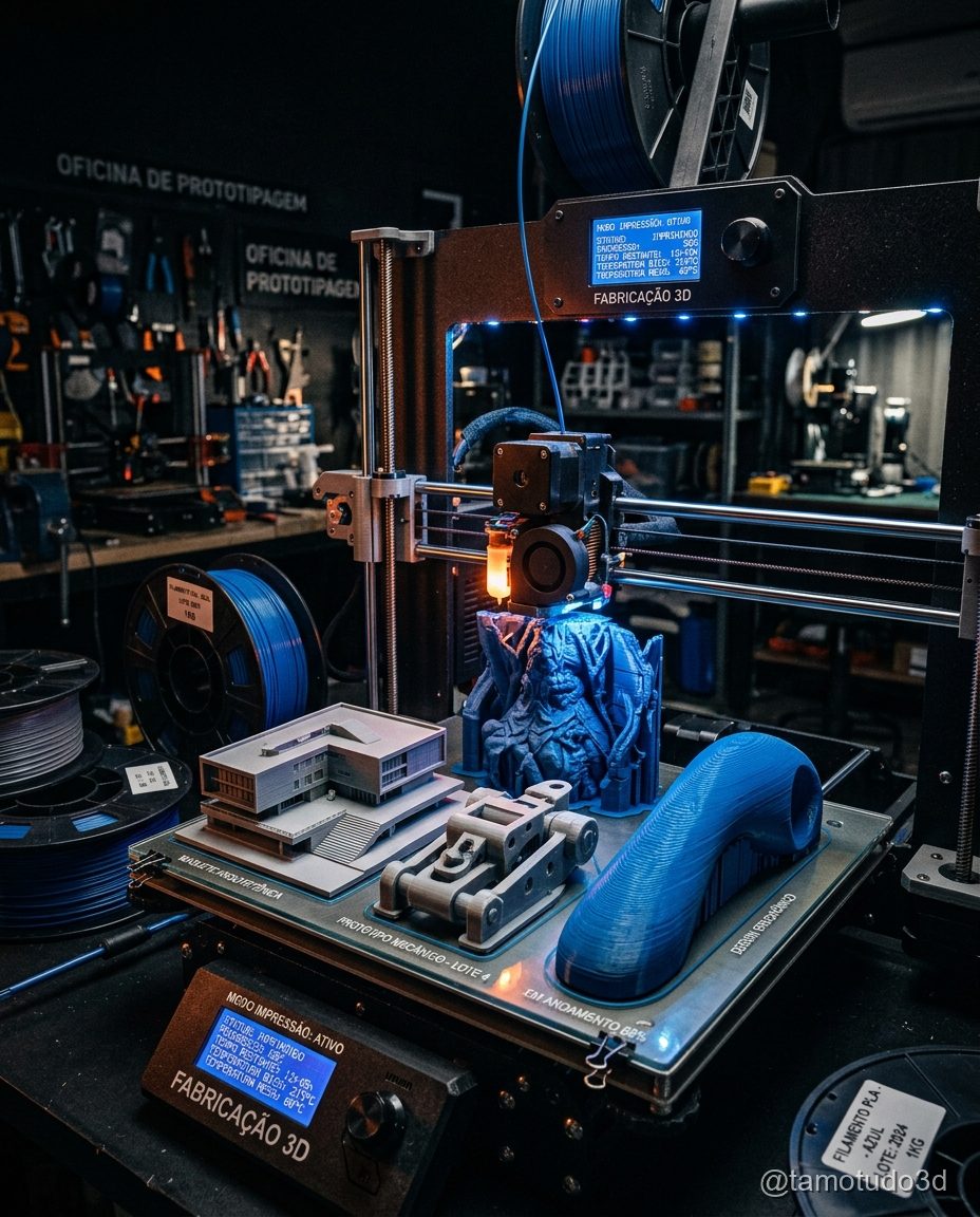 Duas impressoras 3D funcionando ao mesmo tempo produzindo peças diferentes